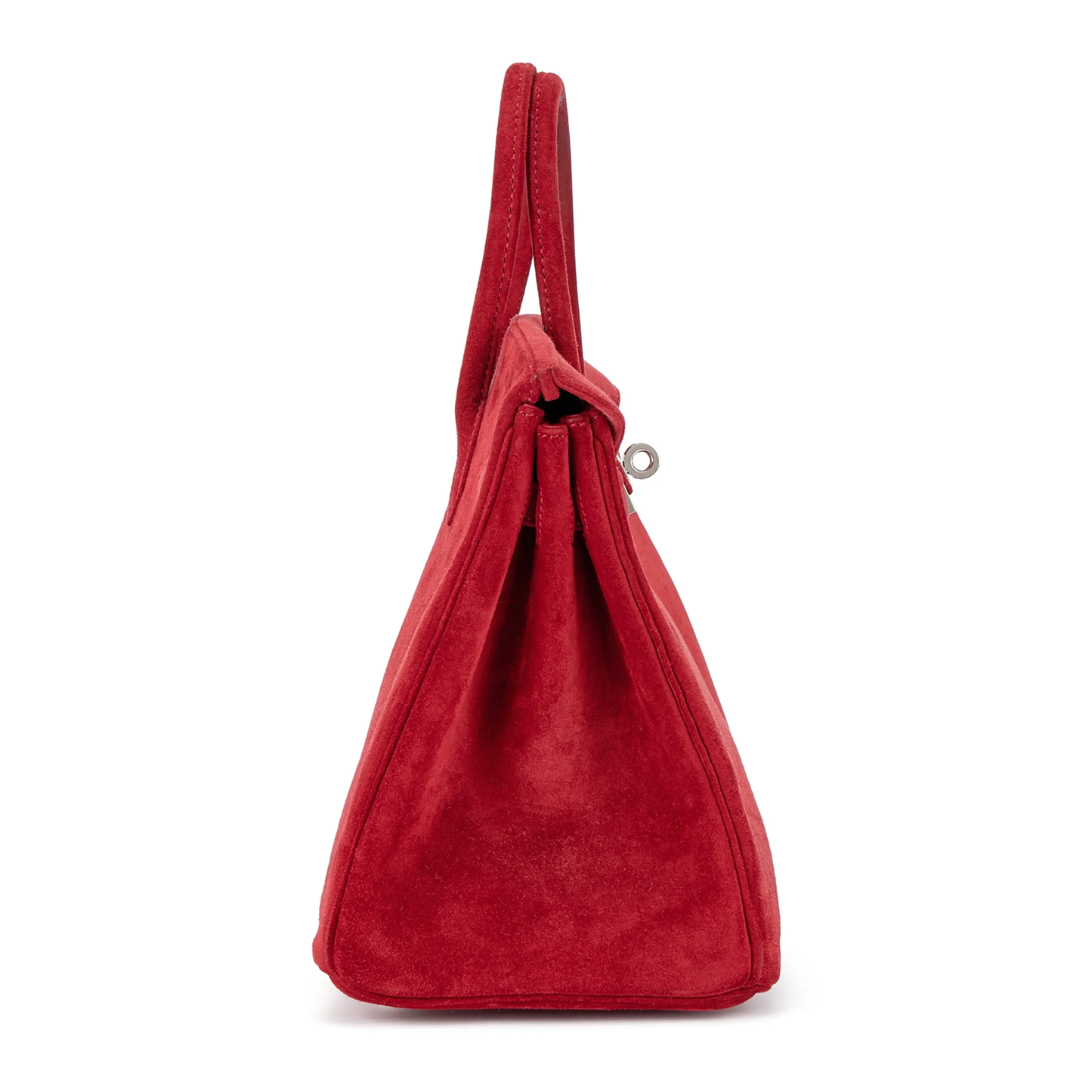 Vivid Fiery Scarlet Velvety Surface Compact Structured Trapezoid Tote With Sleek Silvery Twist Lock Hardware And Polished Defined Stitching Details