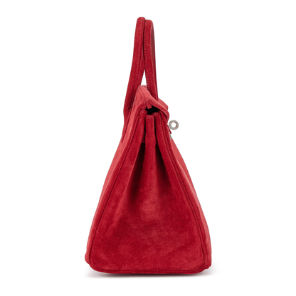 Vivid Fiery Scarlet Velvety Surface Compact Structured Trapezoid Tote With Sleek Silvery Twist Lock Hardware And Polished Defined Stitching Details