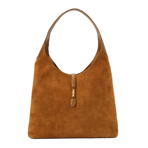 Warm Vintage Camel Spacious Slouchy Hobo Tote With Curved Shoulder Strap And Sculpted Golden Metallic Tab Accent
