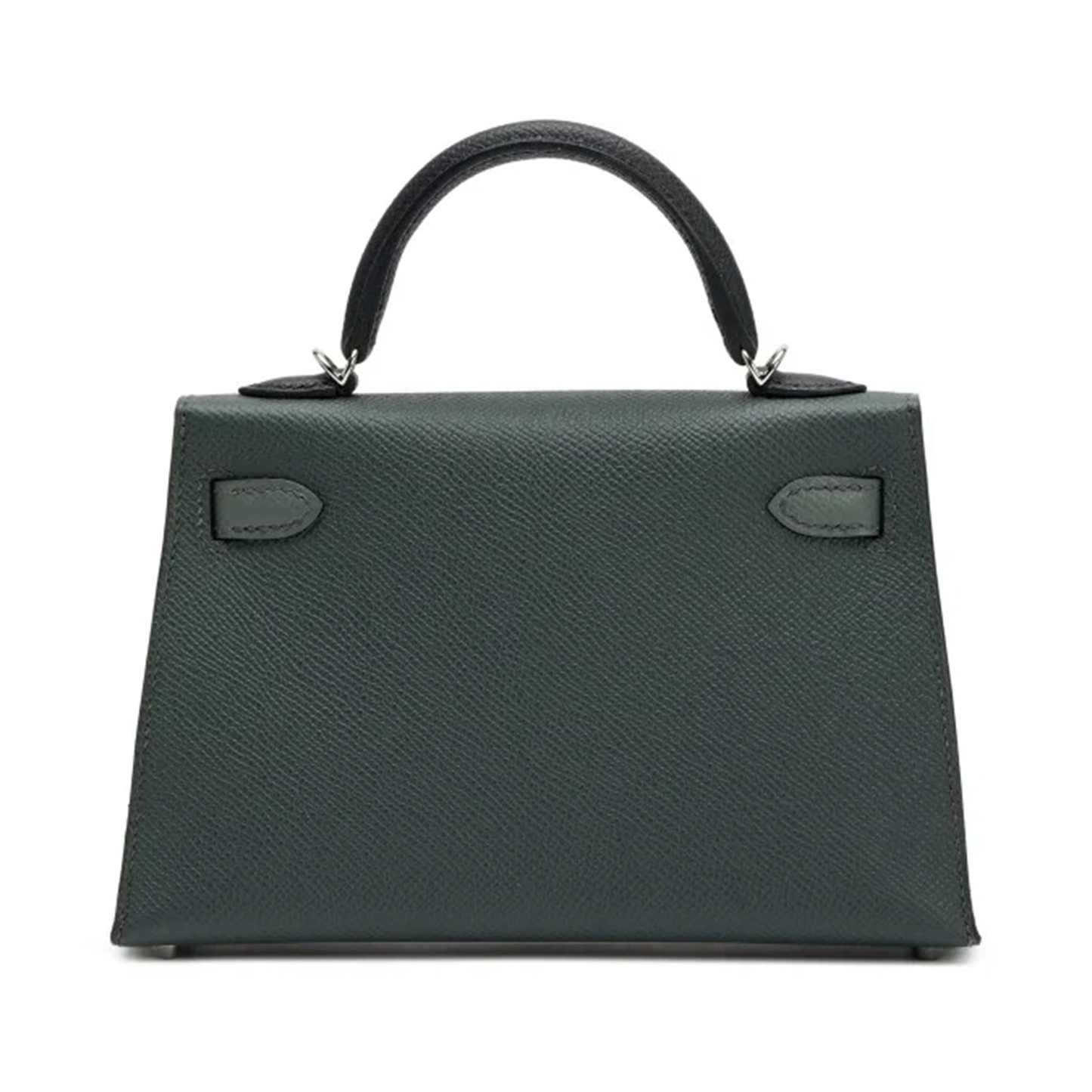 Muted Forest Green Contrast Handle Compact Rectangular Hand Bag With Sleek Silvery Twist Lock Hardware And Fine Defined Grain Detailing