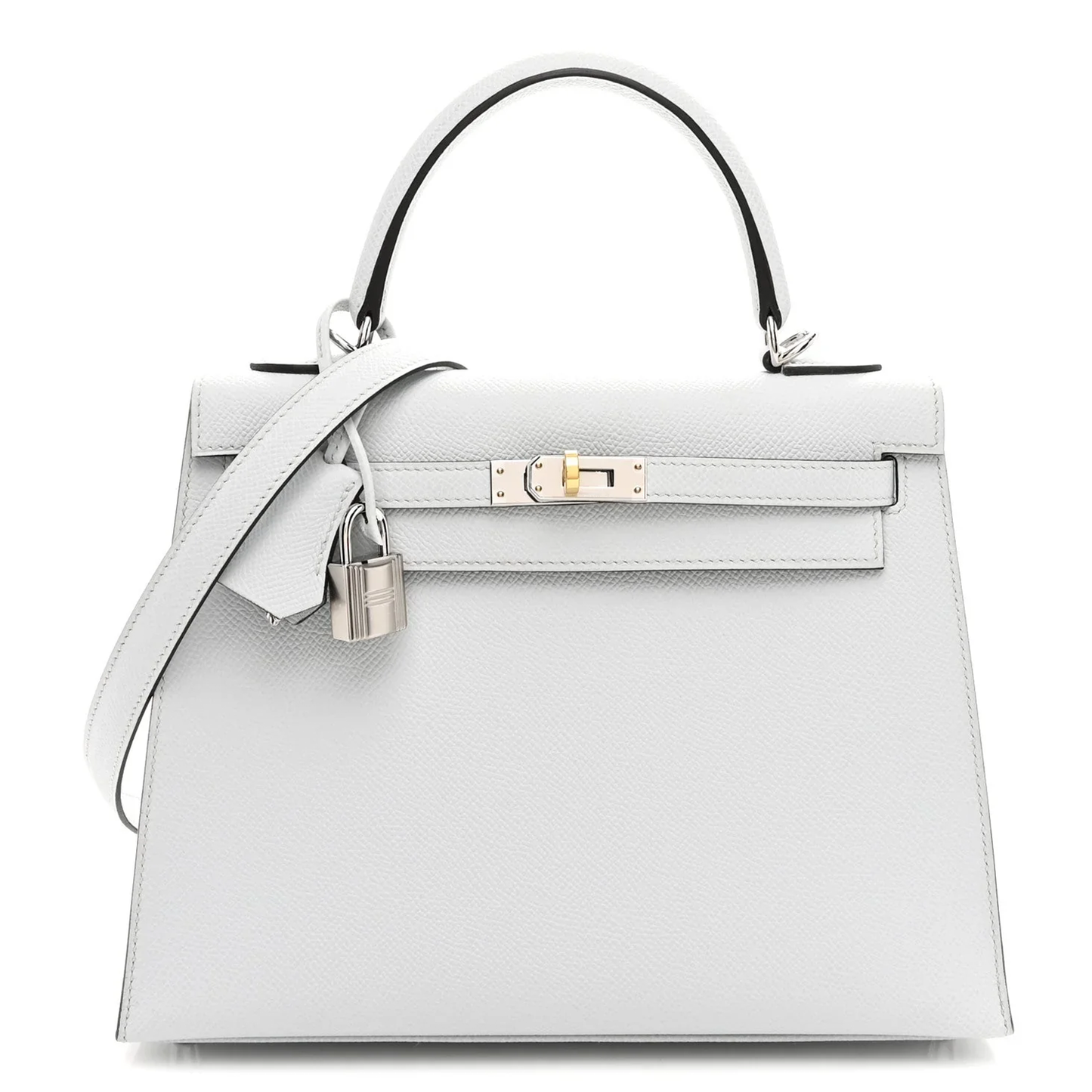 Clean Pale White Grey Fine Grain Sharp Edged Structured Rectangular Handbag With Polished Silvery Twist Lock Hardware And Hanging Decorative Metal Padlock Charm