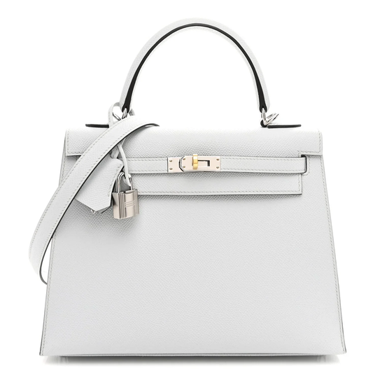 Clean Pale White Grey Fine Grain Sharp Edged Structured Rectangular Handbag With Polished Silvery Twist Lock Hardware And Hanging Decorative Metal Padlock Charm