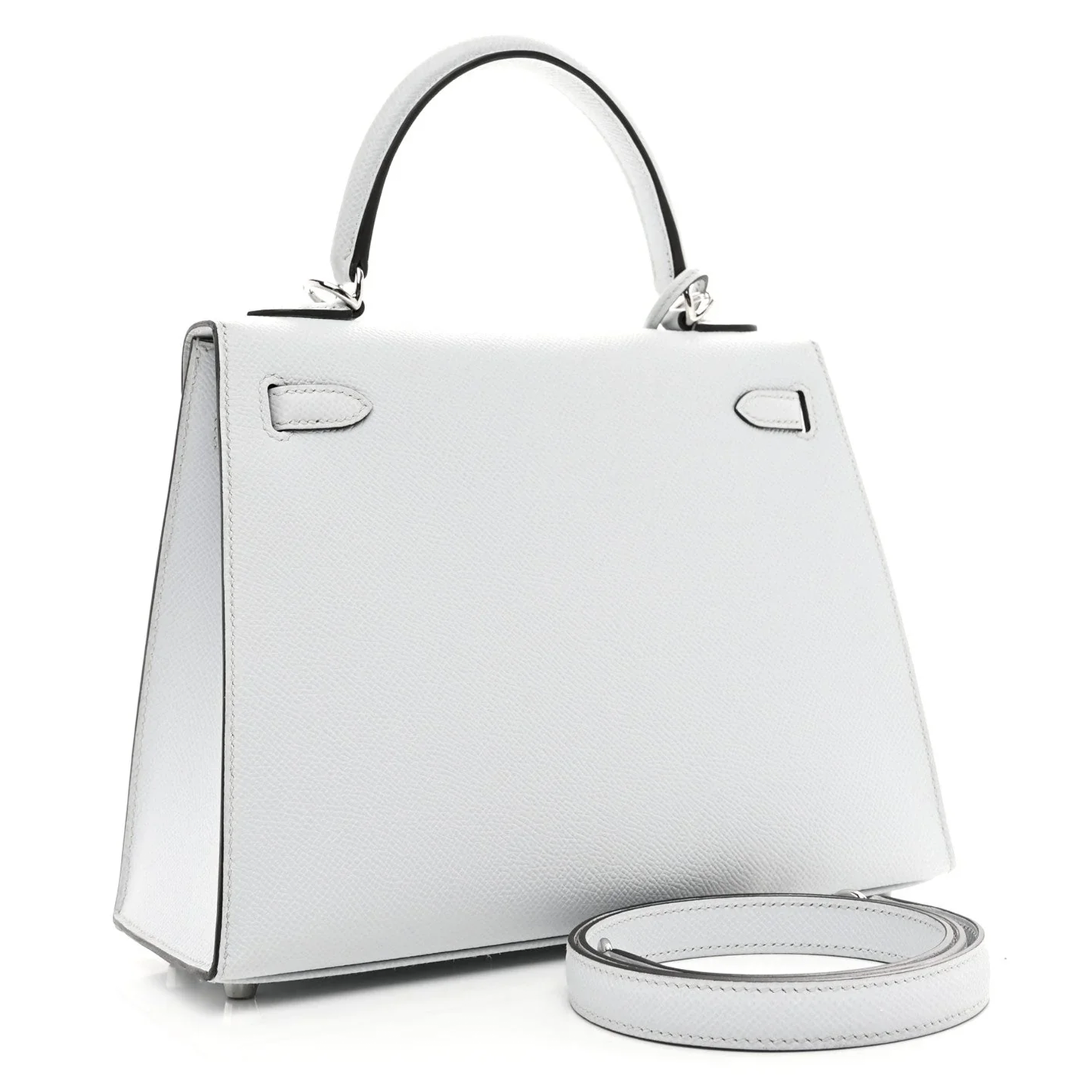 Clean Pale White Grey Fine Grain Sharp Edged Structured Rectangular Handbag With Polished Silvery Twist Lock Hardware And Hanging Decorative Metal Padlock Charm
